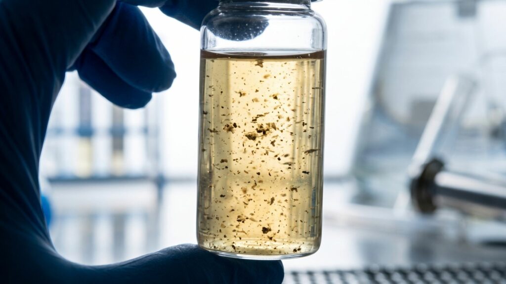 particulate matter suspended in a raw liquid sample being held up to the light.